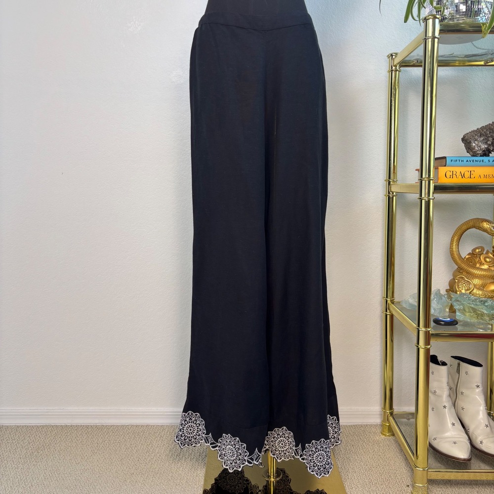 Midnight Sky Black Linen Blend Wide Leg Crop Pants White Lace Hem, Large Lagen - Picture 2 of 16